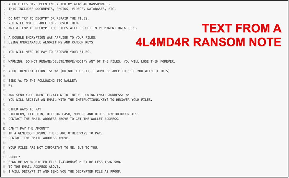 4L4MD4R ランサムウェアの「身代金要求メッセージ」