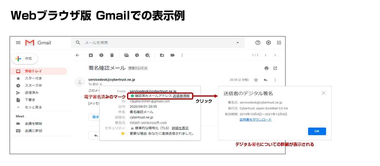 SureMail Webブラウザ版Gmailでの受信表示例