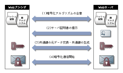 ハッシュ関数 鍵アルゴリズム 暗号化アルゴリズムの合意 サーバー証明書の掲示 共通鍵の元データ交換・共通鍵の生成 暗号化通信開始 サイバートラスト SSL/TLS サーバー証明書の基礎知識