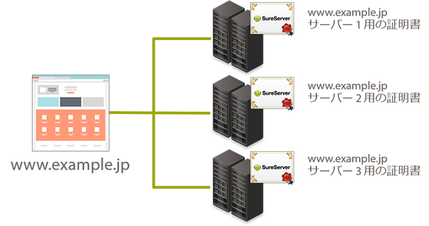 サーバーライセンス：仮に www.example.jp が 3 台のウェブサーバーで運用されていた場合、3 ライセンス分の SureServer をお買い求めいただく必要があります。