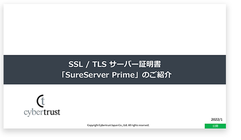 サイバートラストの SSL/TLS サーバー証明書 SureServer Prime に関する概要や詳細情報などを PDF 資料でご用意いたしました。無料でダウンロードいただけます。