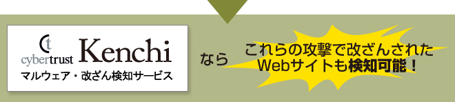 マルウェア・改ざん検知サービス Kenchi ならこれらの攻撃で改竄された Web サイトも検知可能